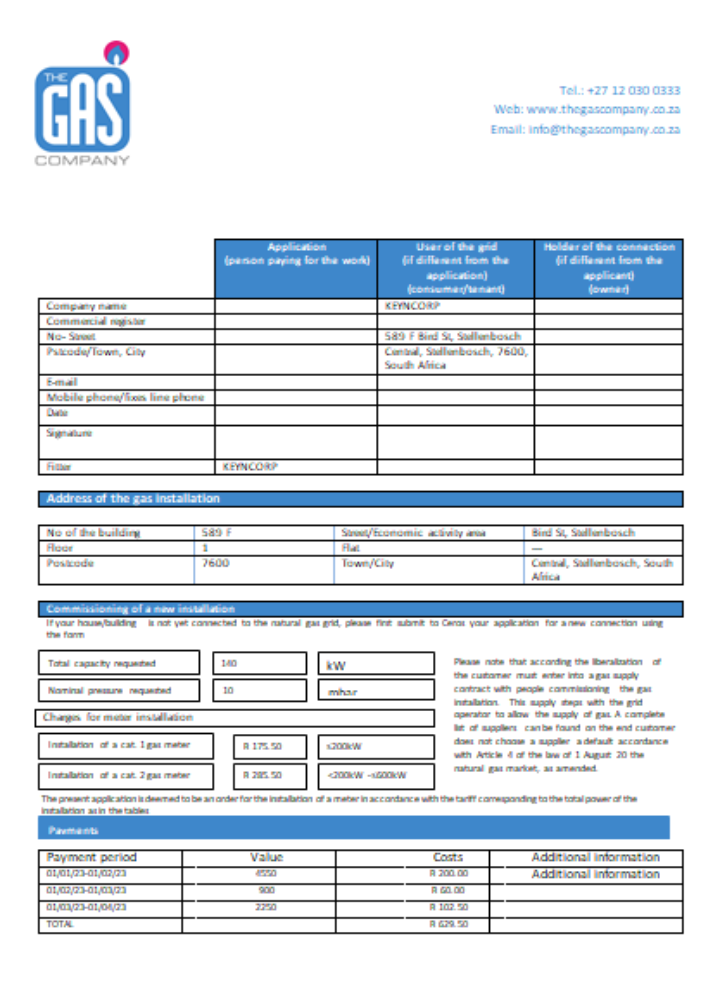 South Africa The GAS Company gas bill, SCR PSD template